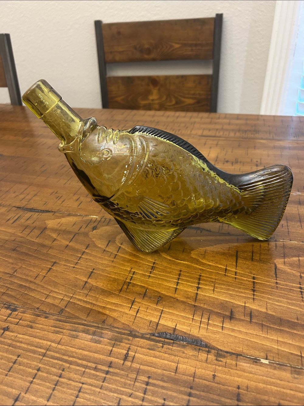 Vtg Art Glass Amber Fish Decanter Cork Barware Nautical Beach House 10”